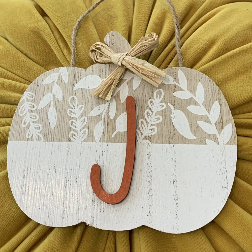 Wooden Pumpkin Wall Hanging with Initial J Light Cute Farmhouse Door Hanger Nice